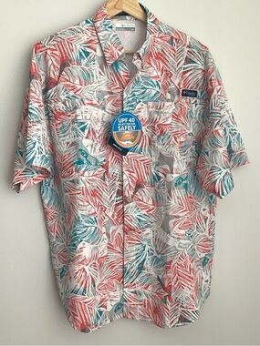 Columbia Super Tamiami PFG Coral & Teal Tropical Short-Sleeve Button-Down Shirt